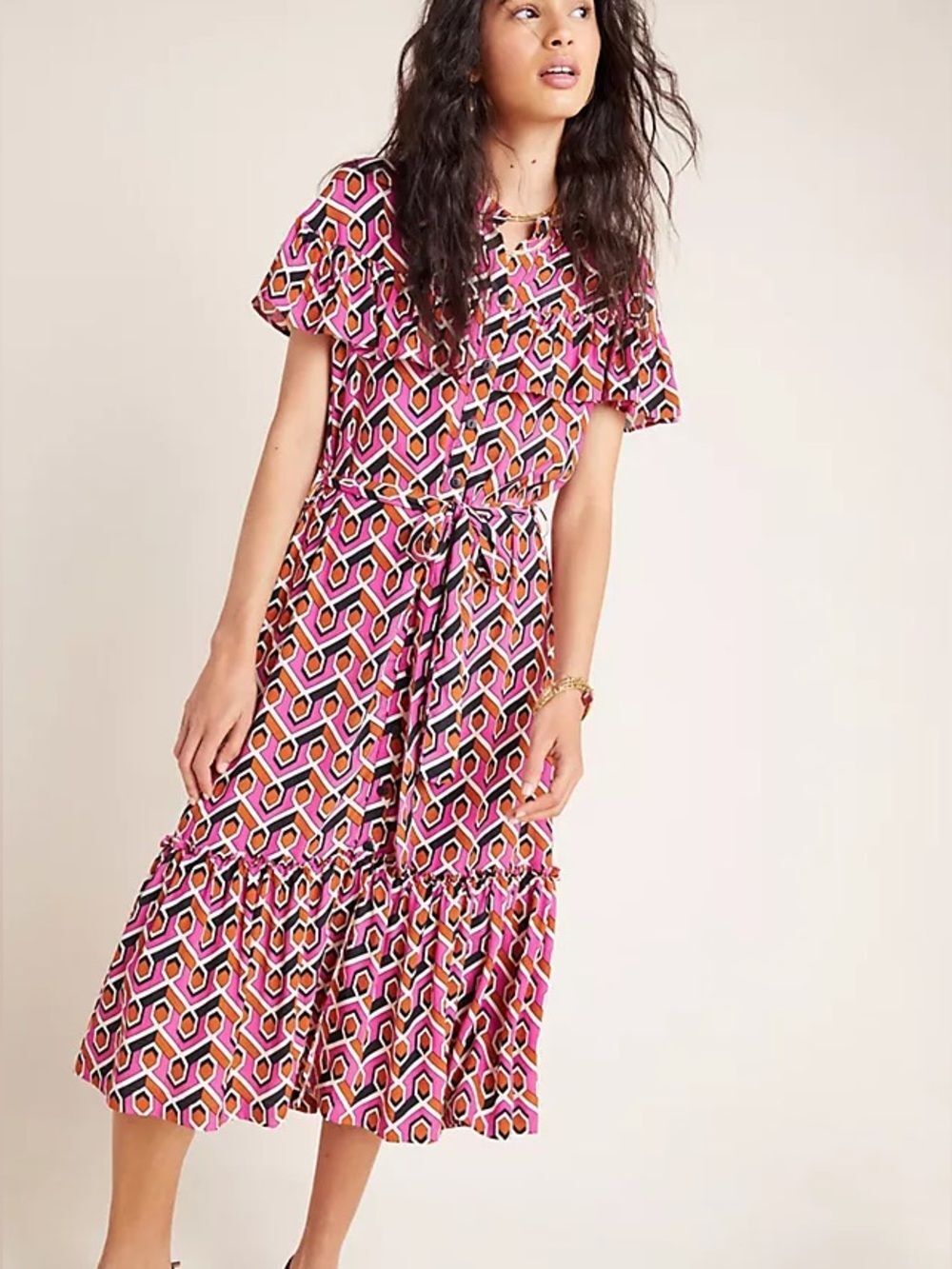 Anthropologie Corey Lynn Calter Annabel Geo Shirtdress | Pink Multi | XL